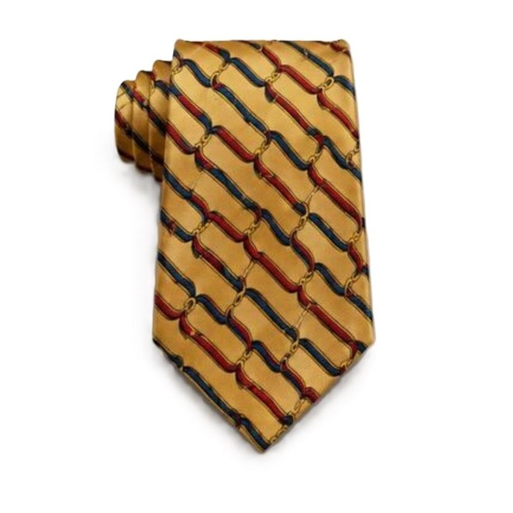 Bullock & James Silk Tie Mens Yellow Equestrian Horse Bit Print Made in France